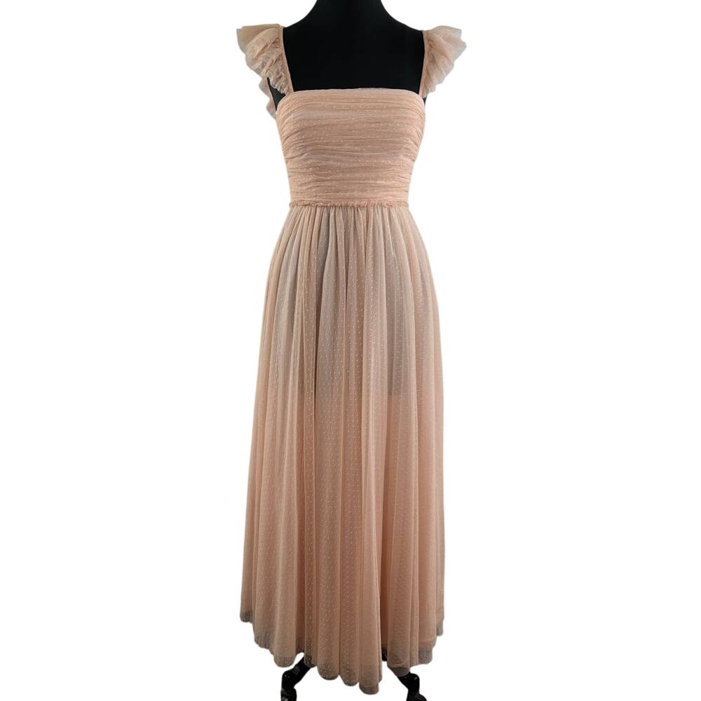 JILL Stuart Pink Sleeveless Ruffle Shoulder Polka-Dot Tulle Maxi Dress 4 6 NEW
